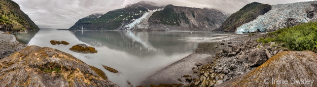 View from Black Sand Beach, Harriman Fjord, Prince William Sound.  L-R: Cascade & Coxe Glaciers.  Nellie Juan-College Fjord Wilderness Study Area, Chugach National Forest.